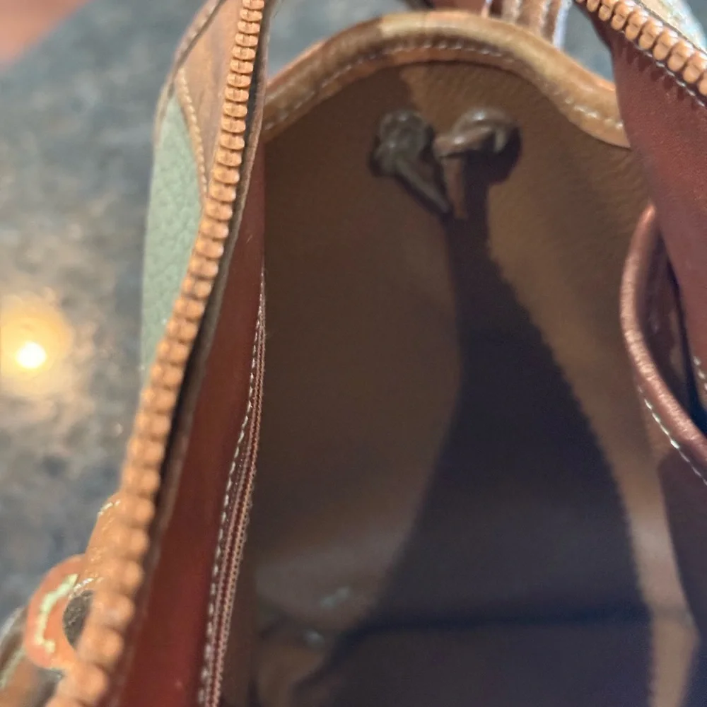 Vintage Dooney & Bourke Olive Green and Brown Leather Satchel with Brass Accents